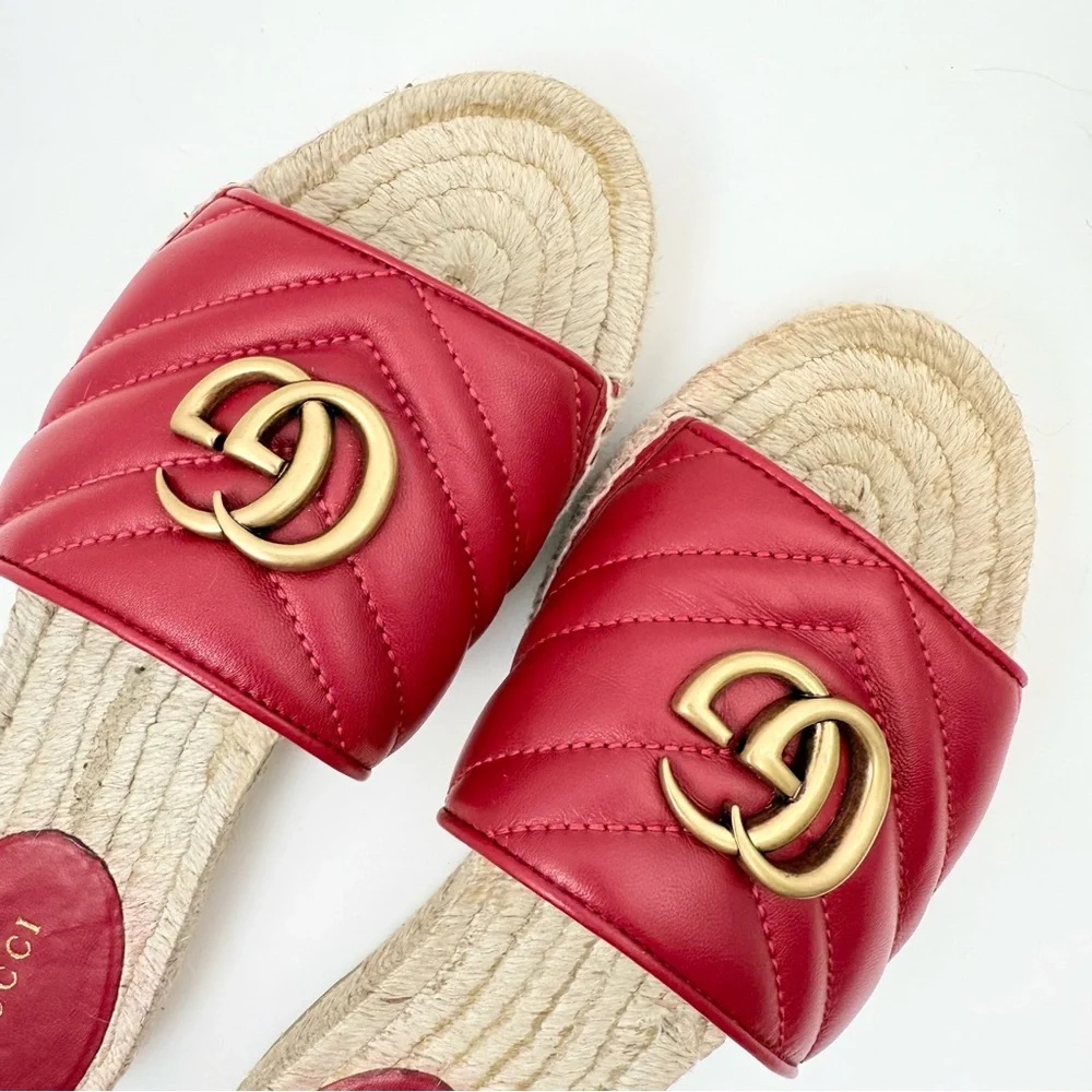 Gucci Charlotte Matelesse Espadrille Marmont Slide Sandal Hibiscus Red Leather 8